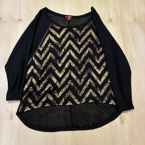 Bongo Sweater Womens XL Black Gold Chevron Open Knit Dolman Pullover Zipper